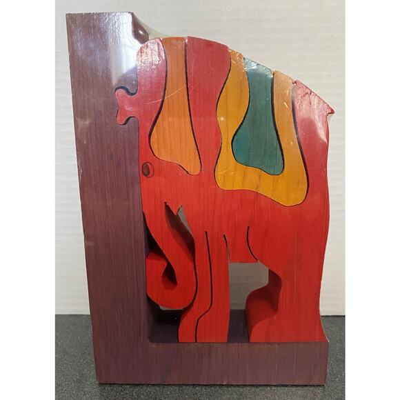 VTG New Wood Elephant Puzzle Hand Made Bookends Nursery Child Room Signed Rare - Picture 4 of 8